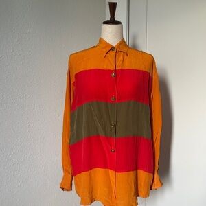 Vintage 100% Silk Multi-coloured Striped Women's Button-Up